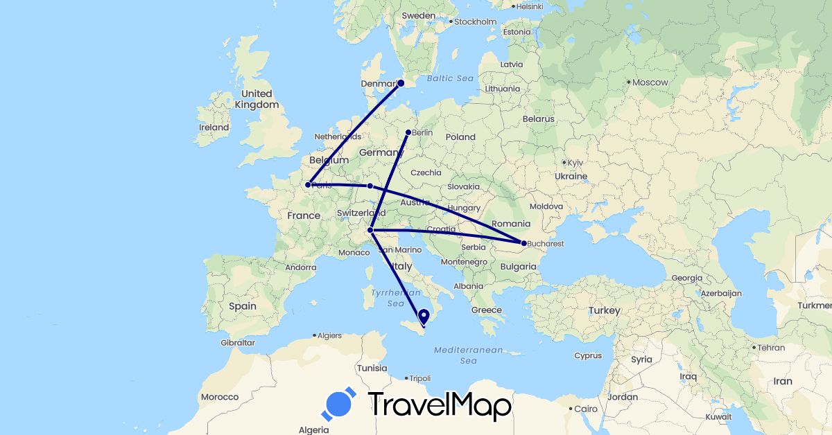 TravelMap itinerary: driving in Germany, Denmark, France, Italy, Romania (Europe)