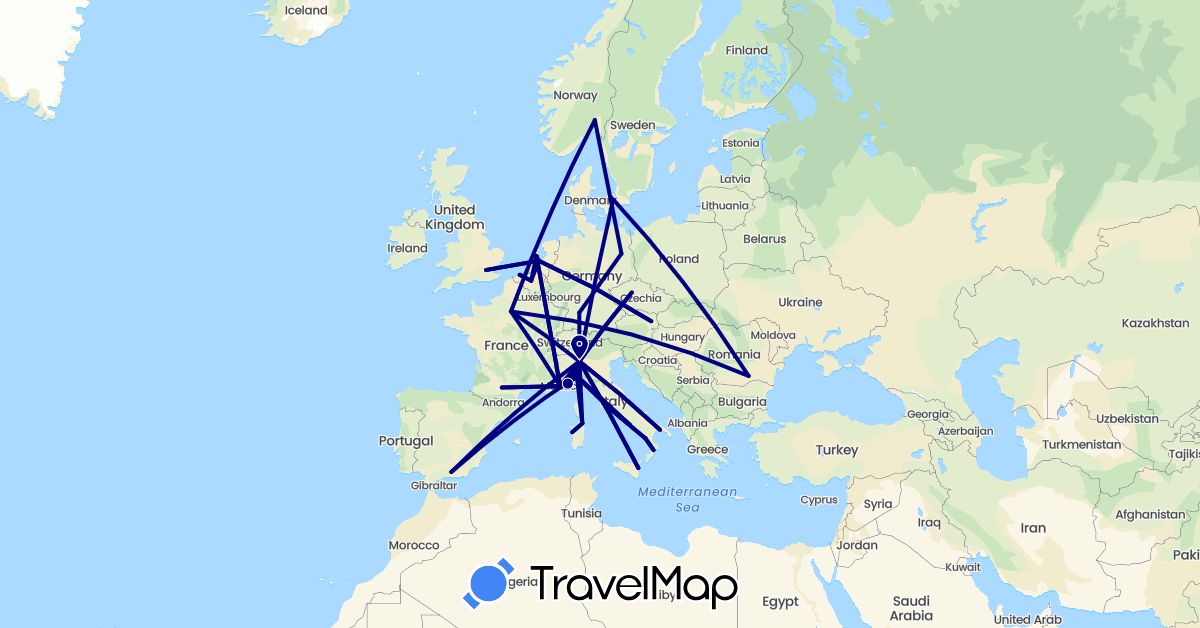 TravelMap itinerary: driving in Austria, Belgium, Czech Republic, Germany, Denmark, Spain, France, United Kingdom, Italy, Netherlands, Norway, Romania (Europe)